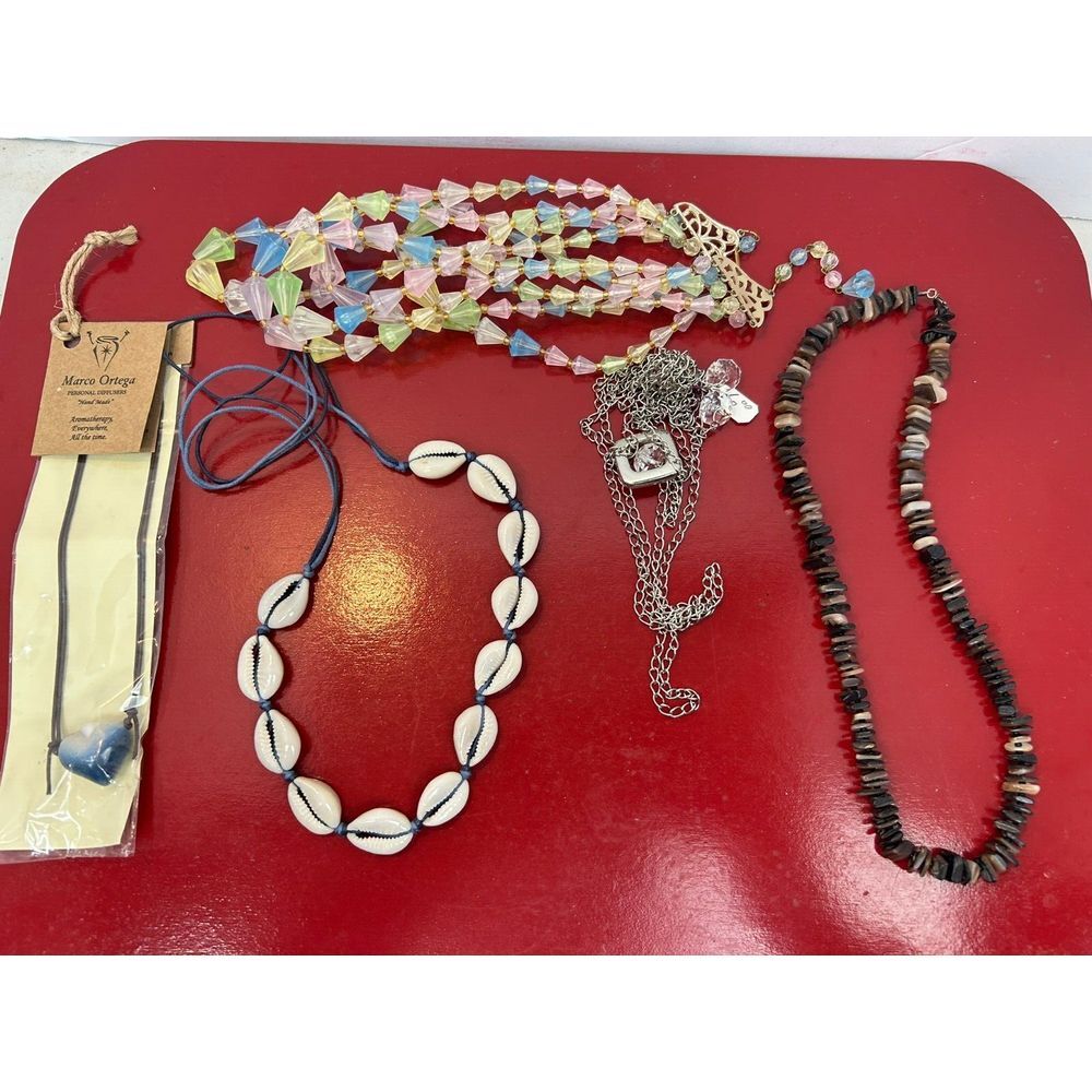 Vintage to Now Costume Jewelry 5 Necklaces Beaded Shells Silver Diffuser